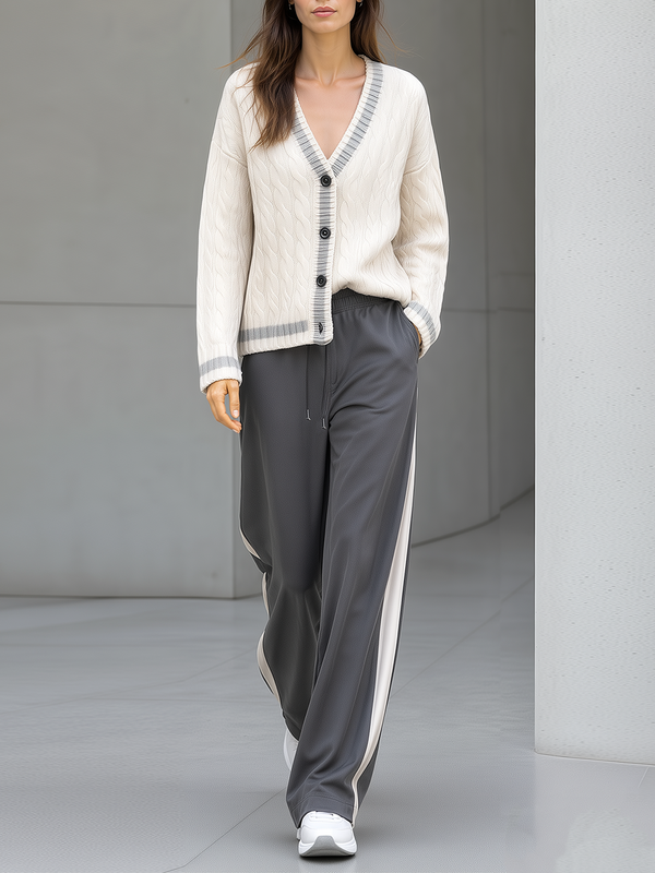 Off‑White Cable Knit Cardigan Dark Grey Side‑Stripe Wide Leg Casual Pants Set