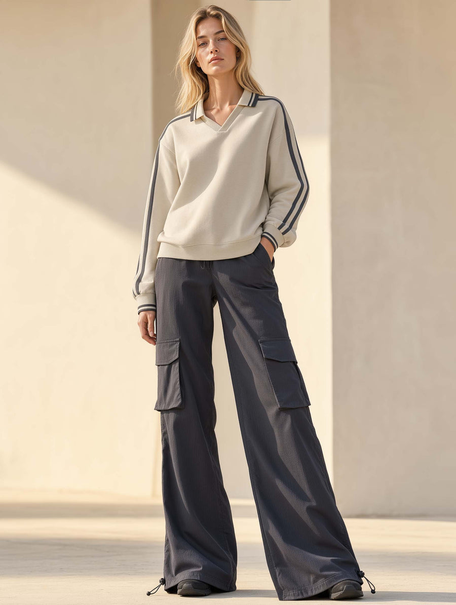 Khaki Casual V-neck Long-sleeve Top And Utility-style Wide-leg Trousers Set