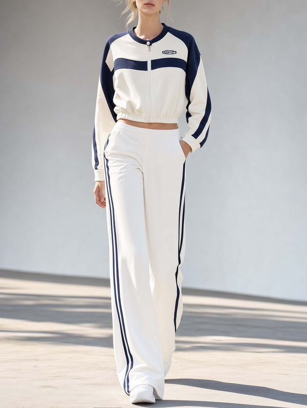 Navy And White Color-block Crew-neck Long-sleeve Jacket And Trousers Set