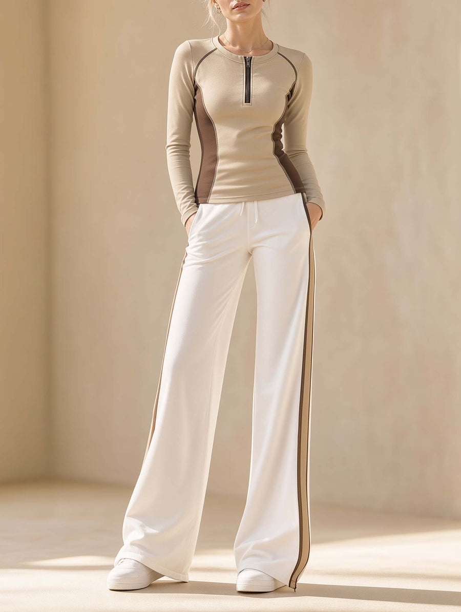 Stylish Set Featuring A Khaki Slim-fit, Long-sleeved, Half-zip Top And White Trousers
