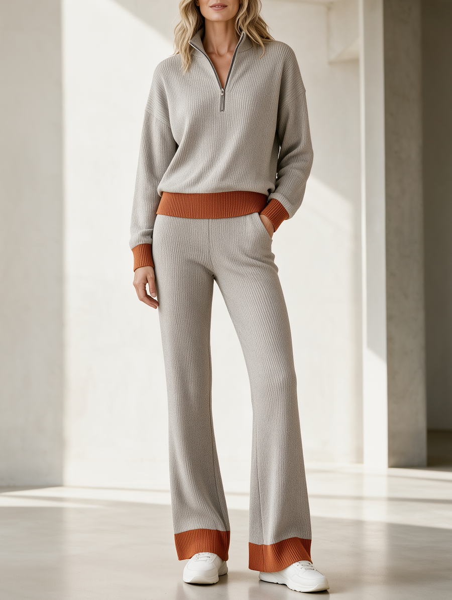 Light Grey Ribbed Knit Top And Slight-flare Trouser Set