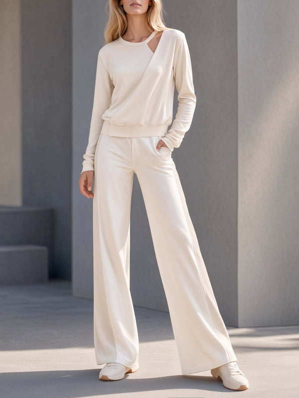 Stylish Casual White Color-Block Crew-Neck Long-Sleeve Top And Pants Set