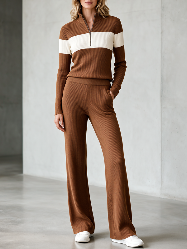 Brown Color-block Slim-fit Ribbed Knit Set With Half-zip