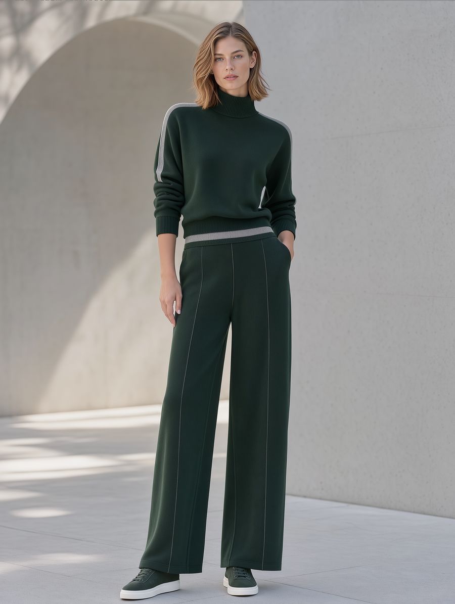 Dark Green High-neck Sweater And Wide-leg Trousers Set