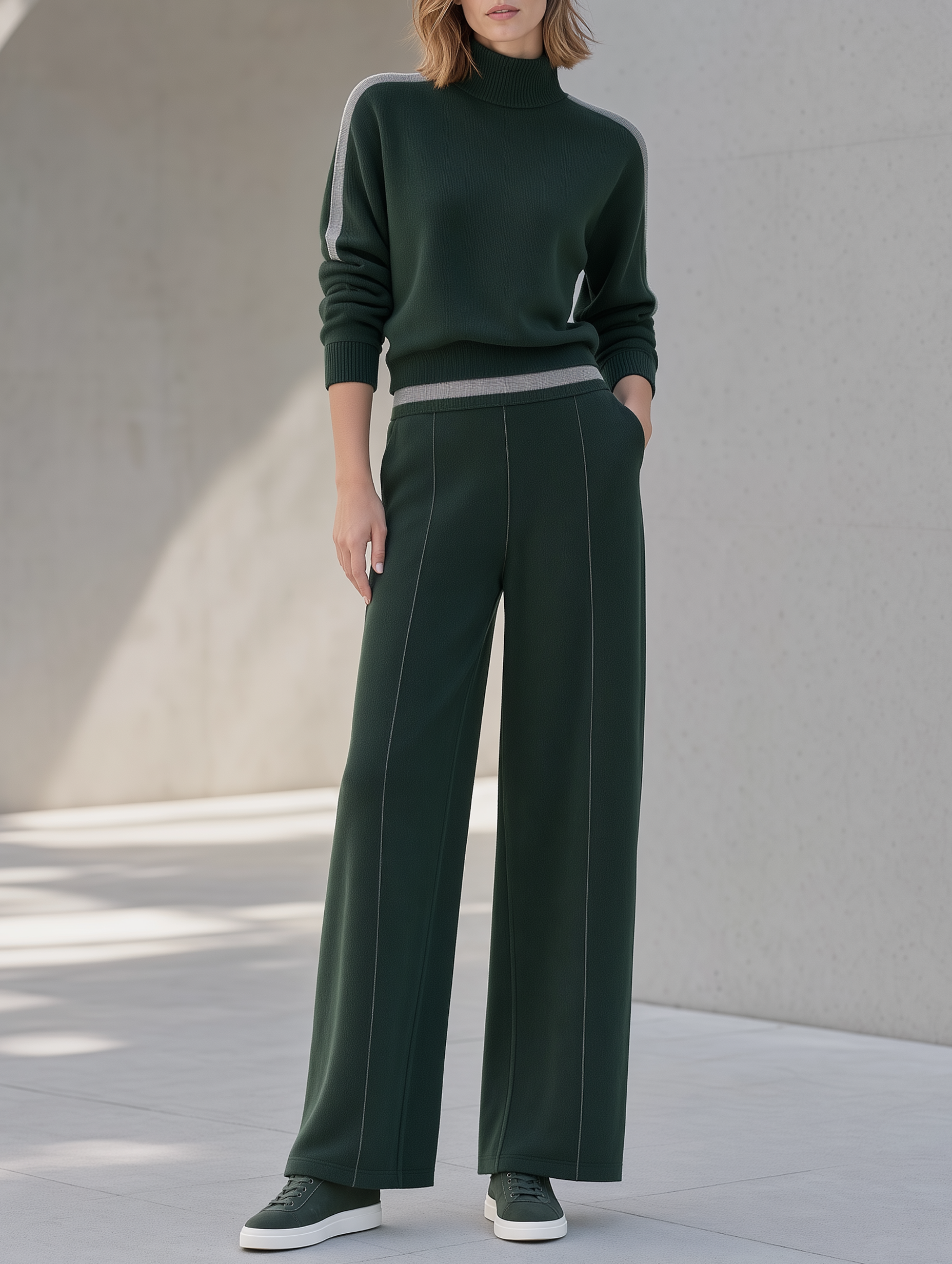 Dark Green High-neck Sweater And Wide-leg Trousers Set