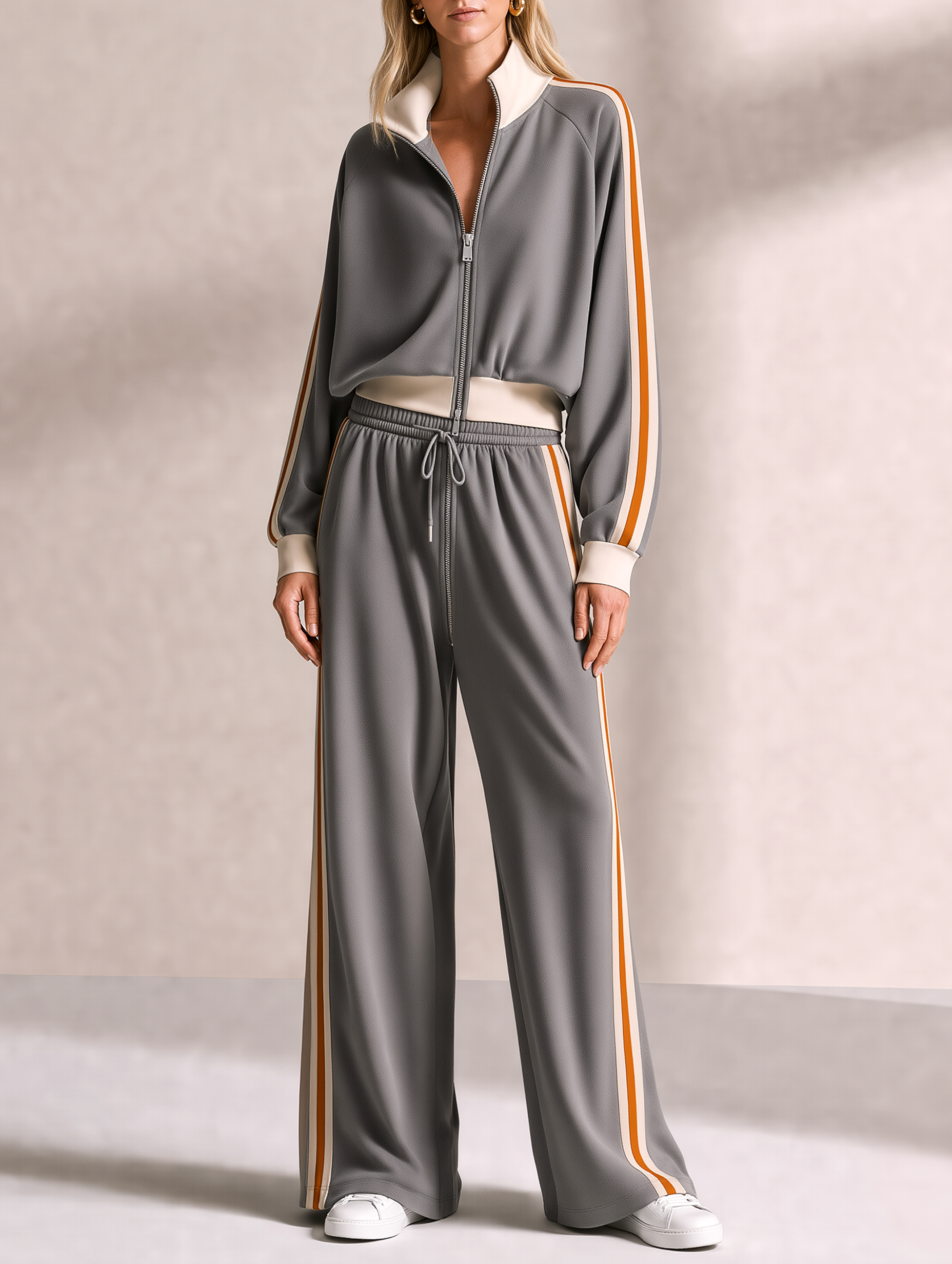 Grey Zip-up Jacket And Drawstring Wide-leg Trousers Set