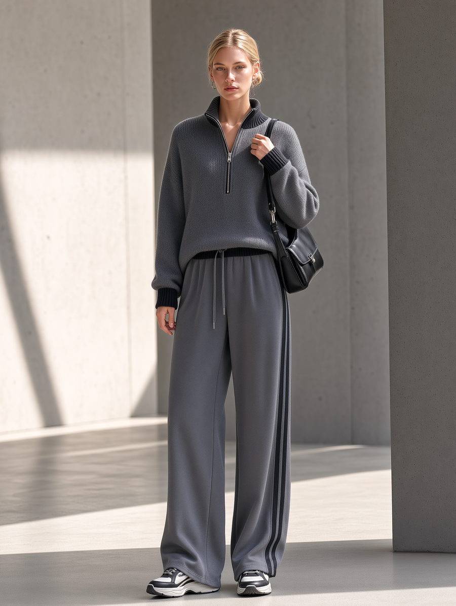 Grey Half-zip Sweater And Side-stripe Wide-leg Trousers Set