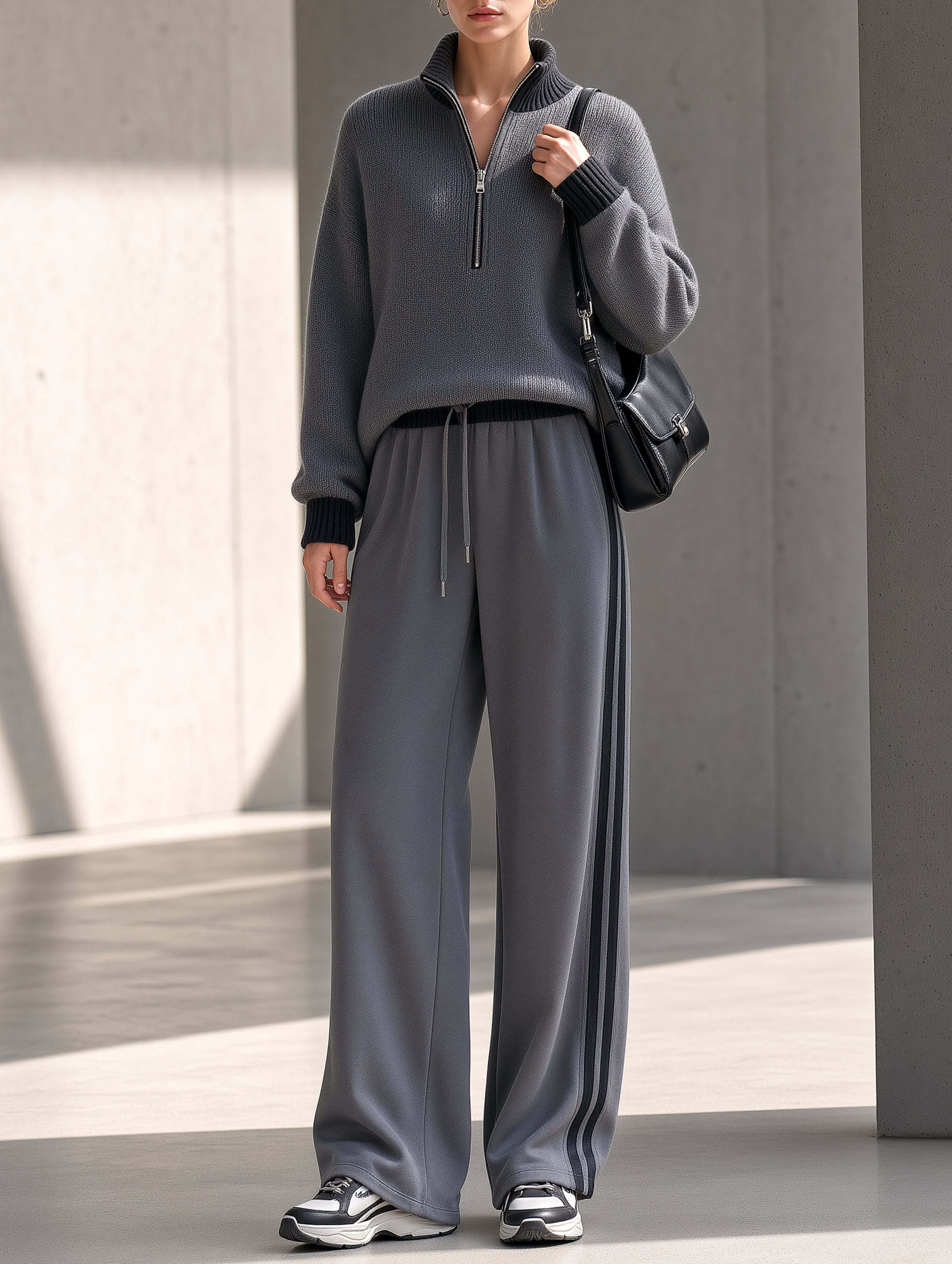 Grey Half-zip Sweater And Side-stripe Wide-leg Trousers Set