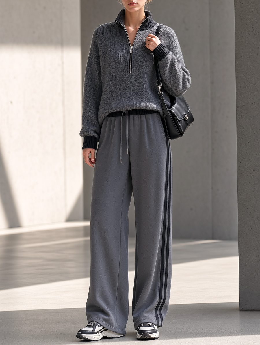 Grey Half-zip Sweater And Side-stripe Wide-leg Trousers Set