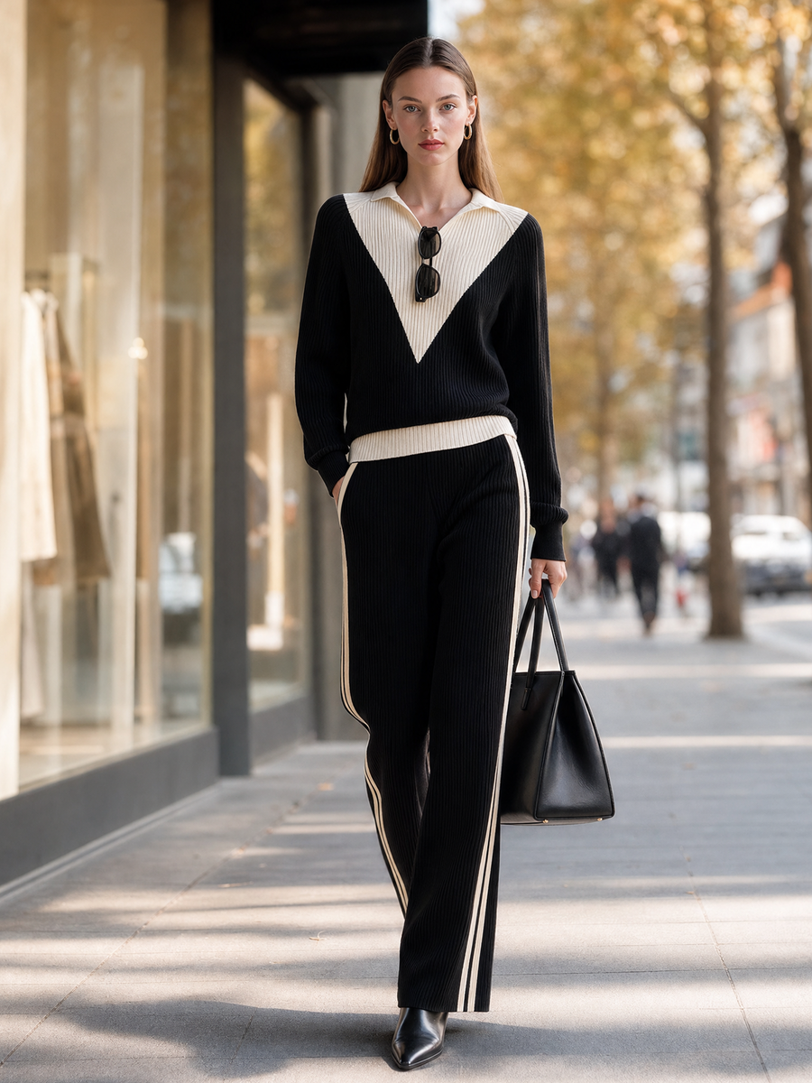 Black And Rice-white Color-block V-neck Knit Top And Wide-leg Trousers Set