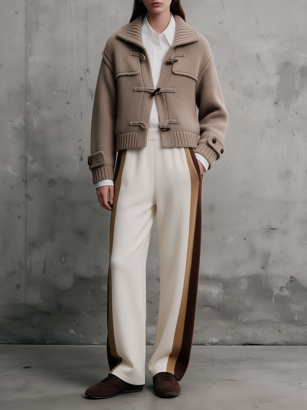 Oatmeal Toggle Knit Jacket & Side-Stripe Wide-Leg Pants Set