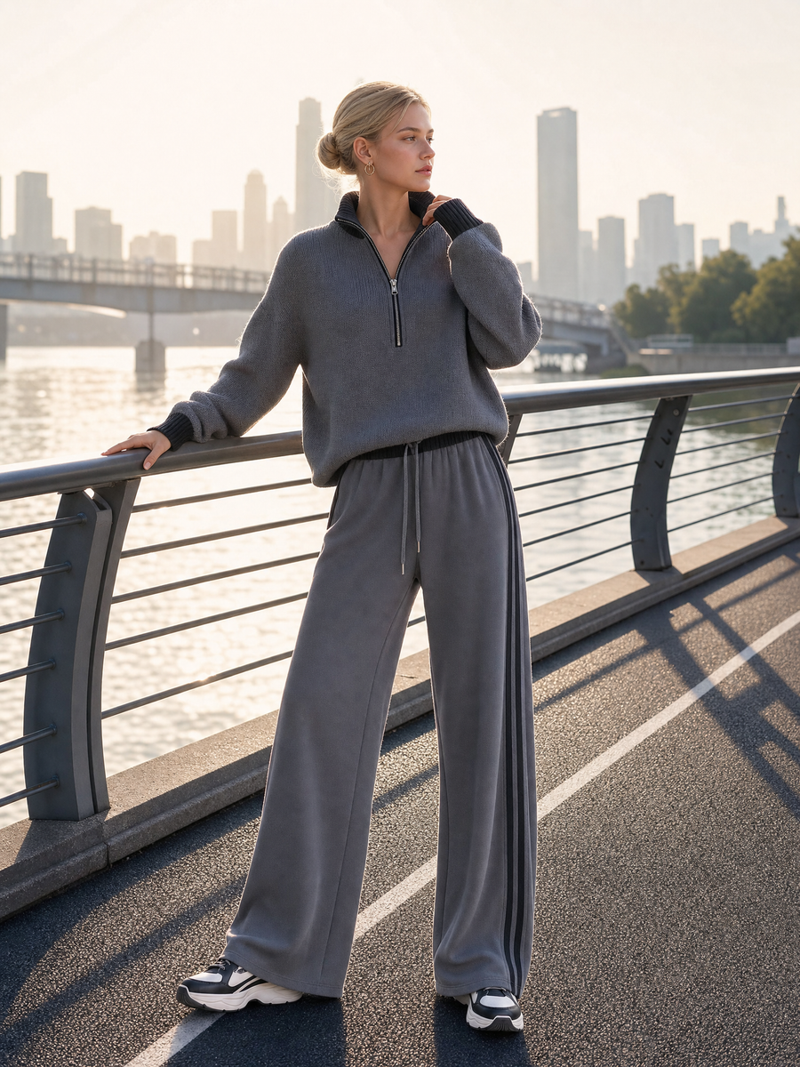 Grey Half-zip Sweater And Side-stripe Wide-leg Trousers Set