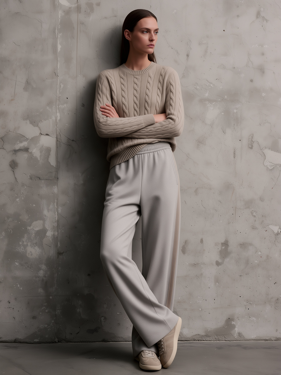 Women's Cable Knit Crewneck Sweater & Wide-Leg Trousers Set – Oatmeal Beige Grey Quiet Luxury Two-Piece Loungewear Co-Ord