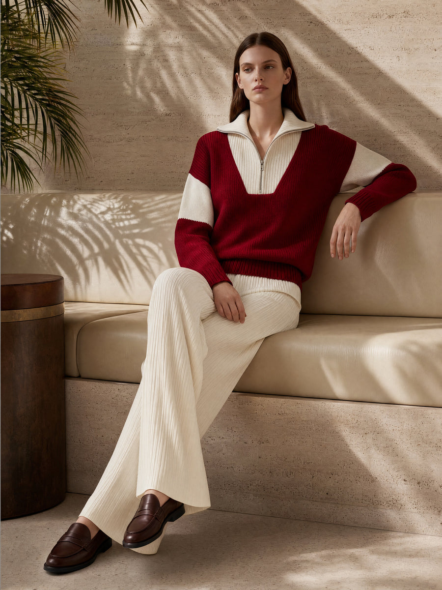 Cranberry Half-Zip Knit Sweater & Pleated Wide-Leg Pants Set