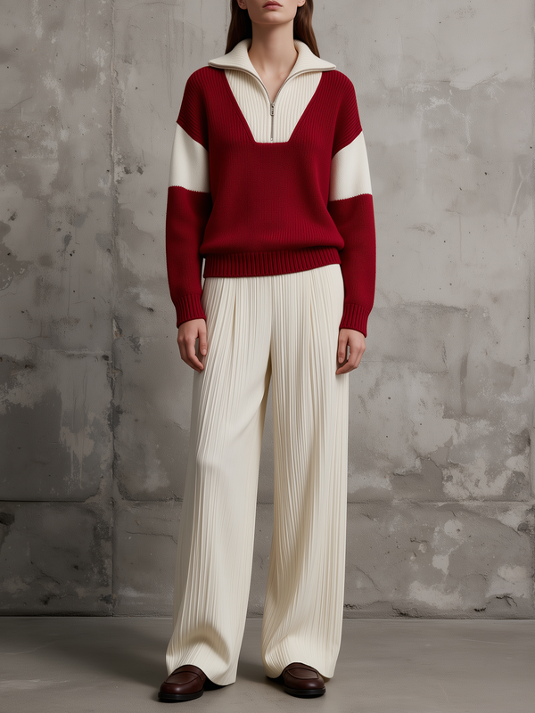 Cranberry Half-Zip Knit Sweater & Pleated Wide-Leg Pants Set