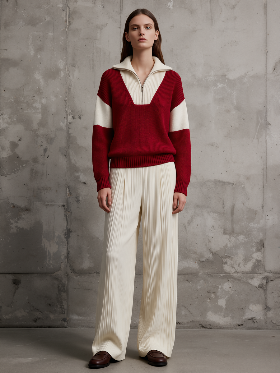 Cranberry Half-Zip Knit Sweater & Pleated Wide-Leg Pants Set