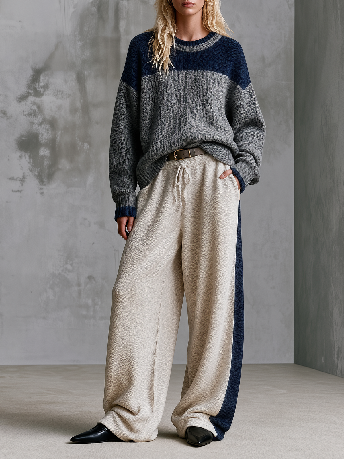 Navy-Grey Colorblock Knit Sweater & Side-Stripe Wide-Leg Pants Set