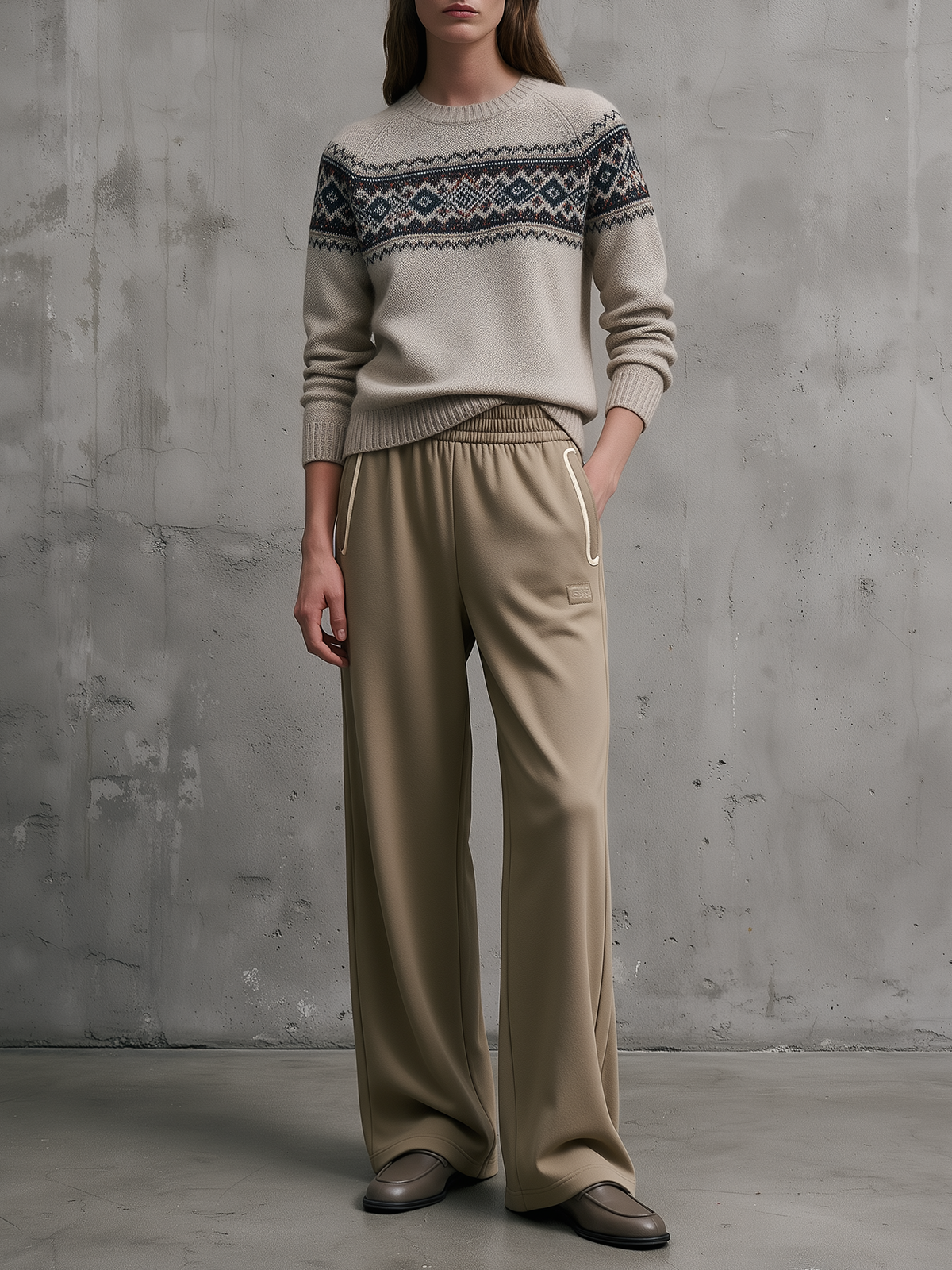 Fair Isle Knit Sweater & Khaki Wide-Leg Pants Set