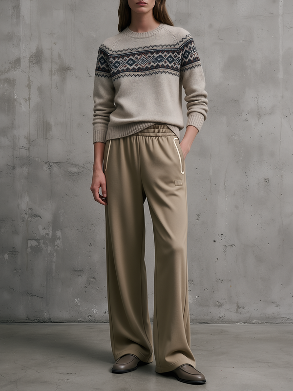 Fair Isle Knit Sweater & Khaki Wide-Leg Pants Set
