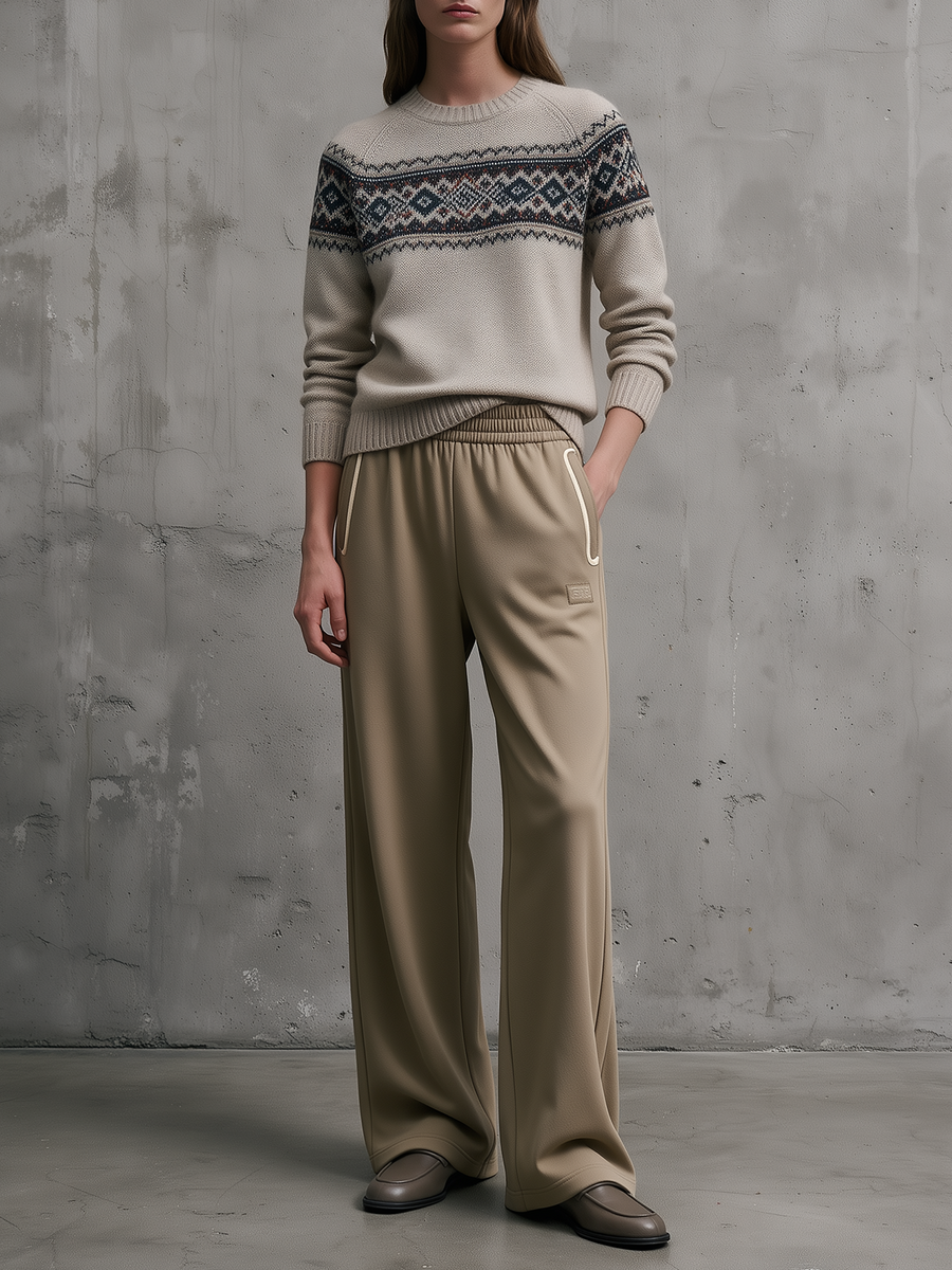 Fair Isle Knit Sweater & Khaki Wide-Leg Pants Set