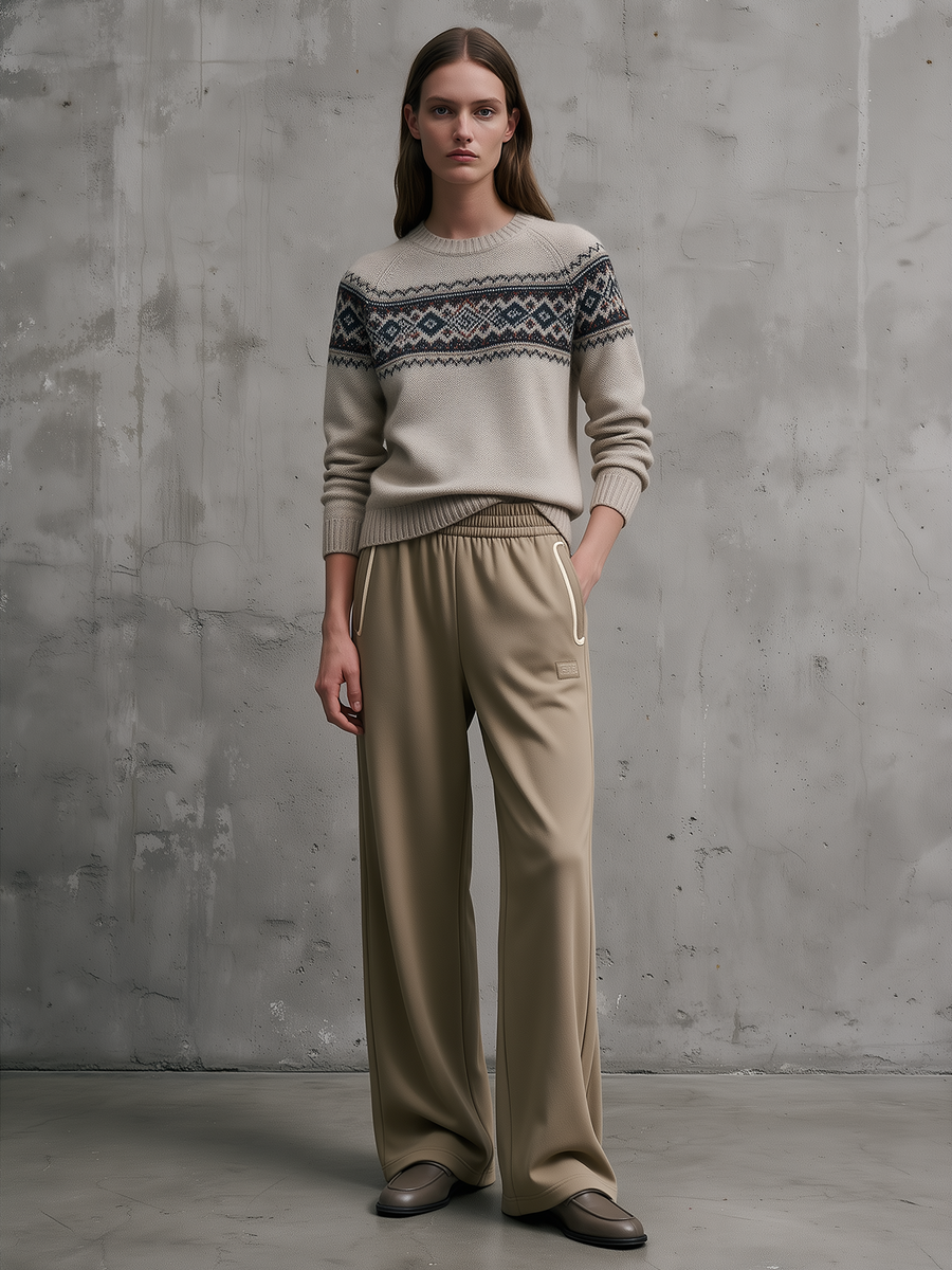 Fair Isle Knit Sweater & Khaki Wide-Leg Pants Set