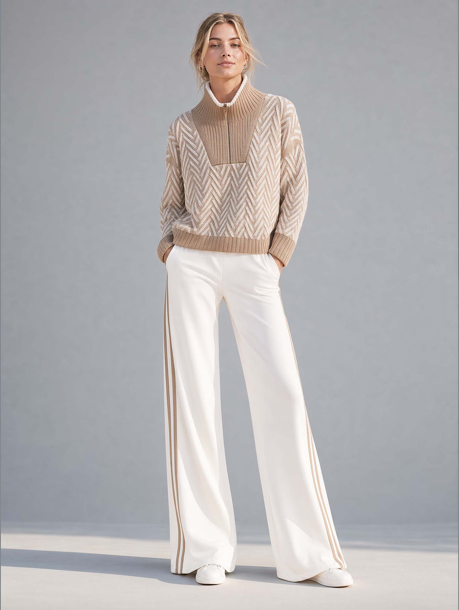 Stylish Casual Khaki Long-sleeve Half-zip Sweater And White Trousers Set