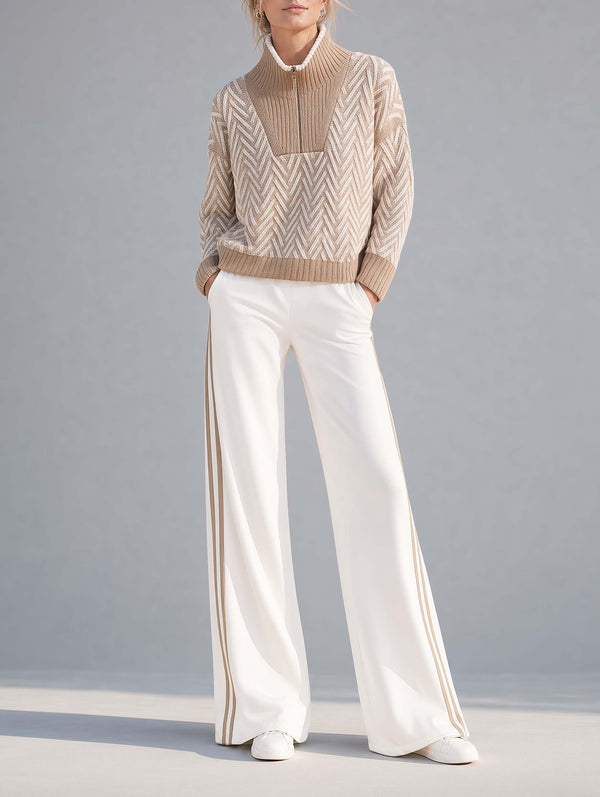 Stylish Casual Khaki Long-sleeve Half-zip Sweater And White Trousers Set