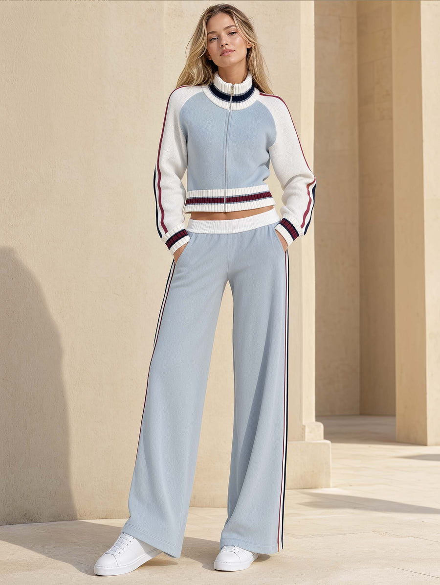Chic Workwear-Style Light Blue Color-Block Long-Sleeve Sweater And Wide-Leg Pants Set