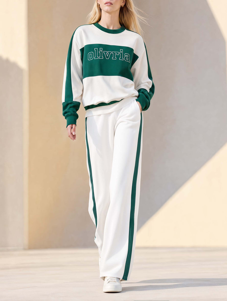 Green And White Color-block Long-sleeve Top And Pants Set In A Casual Sporty Style.