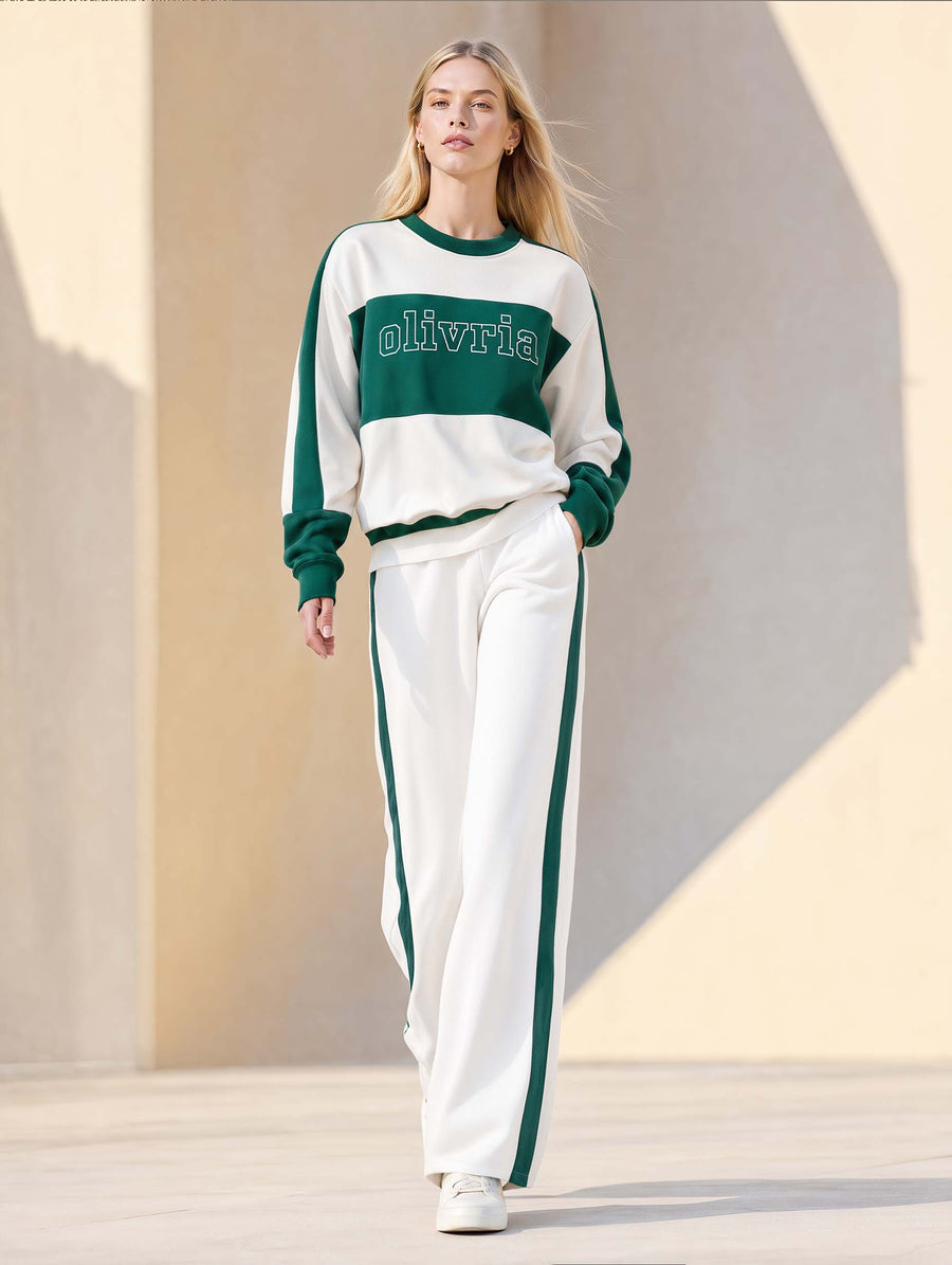 Green And White Color-block Long-sleeve Top And Pants Set In A Casual Sporty Style.