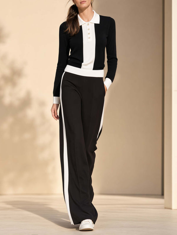 Classic Black-and-white Color-block Long-sleeve Polo-collar Top And Wide-leg Trousers Set