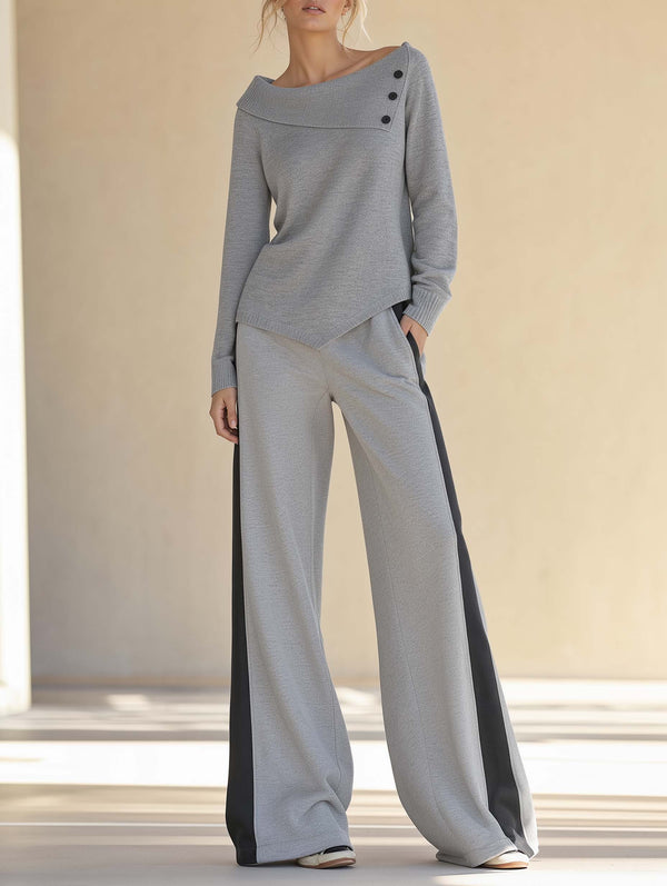 Stylish Grey Long-sleeve Sweater And Color-block Wide-leg Pants Set