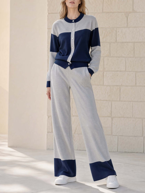 Navy And Grey Color-block Long-sleeve Crew-neck Cardigan And Trousers Set