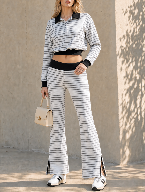 Striped Long Sleeve Collared Crop Top and Flare Pants Set