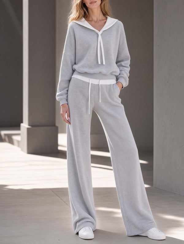 Stylish Grey Color-block Long-sleeved Top And Trousers Set Featuring A Shawl-style Design