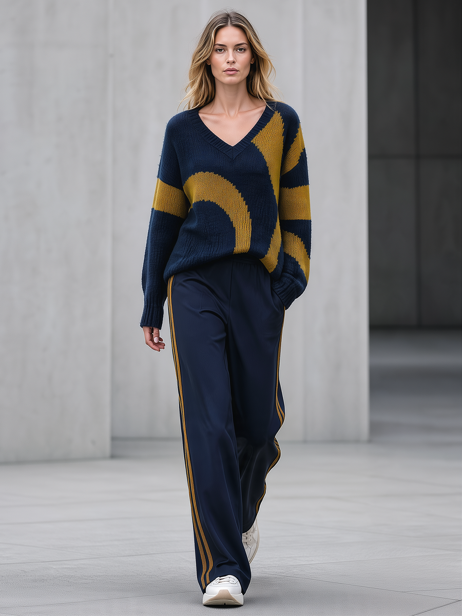 Navy Blue Color-block Jacquard V-neck Sweater And Wide-leg Casual Trousers Set