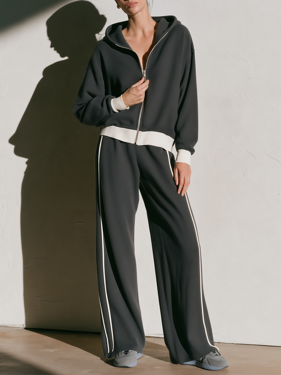 Dark Grey Cream Contrast Hooded Full‑Zip Wide Leg Sweat Set