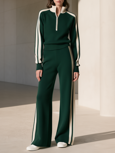 Dark Green Cream Half‑Zip Stand Collar Knit Wide Leg Pants Set