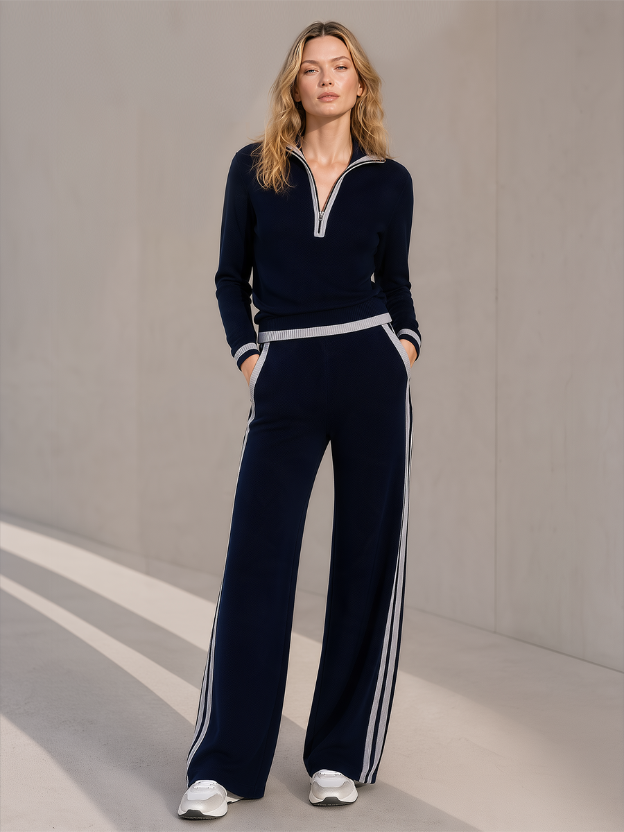 Navy And Light Grey Color-block Half-zip Top And Wide-leg Casual Trousers Set