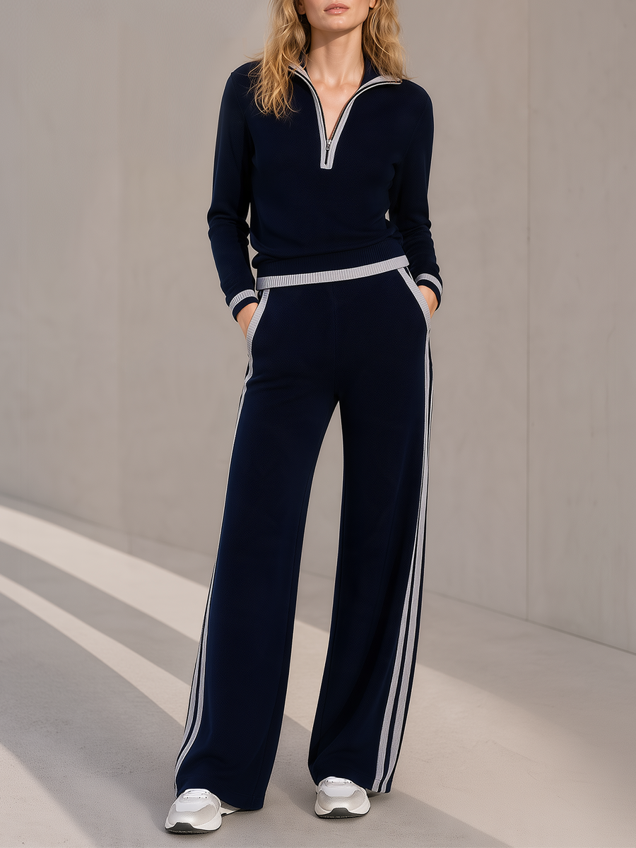 Navy And Light Grey Color-block Half-zip Top And Wide-leg Casual Trousers Set