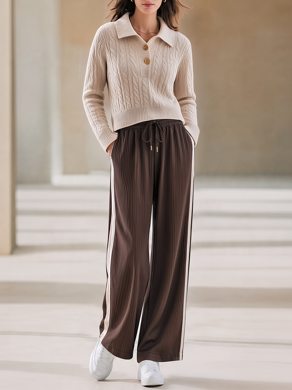 Oatmeal Cable-knit Turtleneck Top And Brown Corduroy Wide-leg Trousers Set