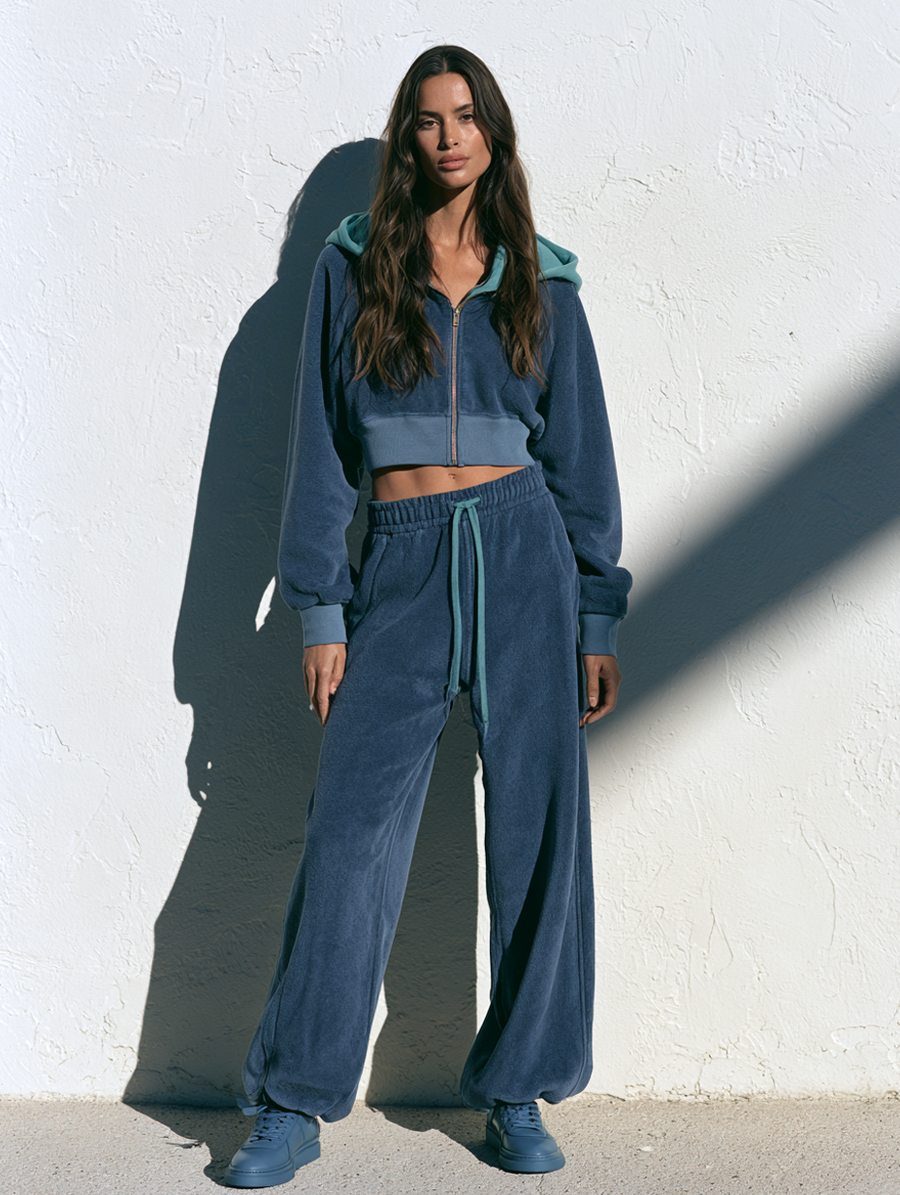 Retro Color-Block Terry Zip-Up Hoodie And Casual Pants Set