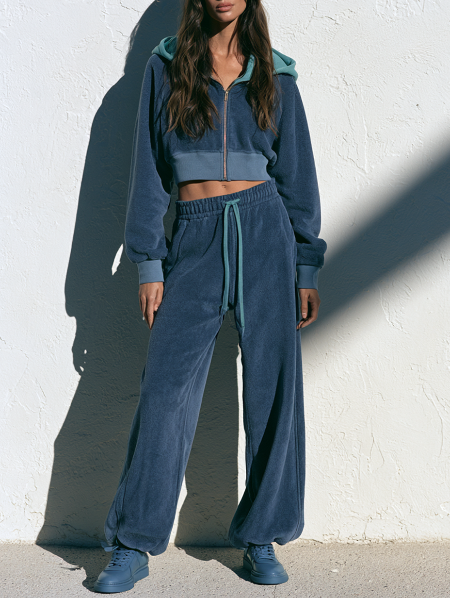 Retro Color-Block Terry Zip-Up Hoodie And Casual Pants Set