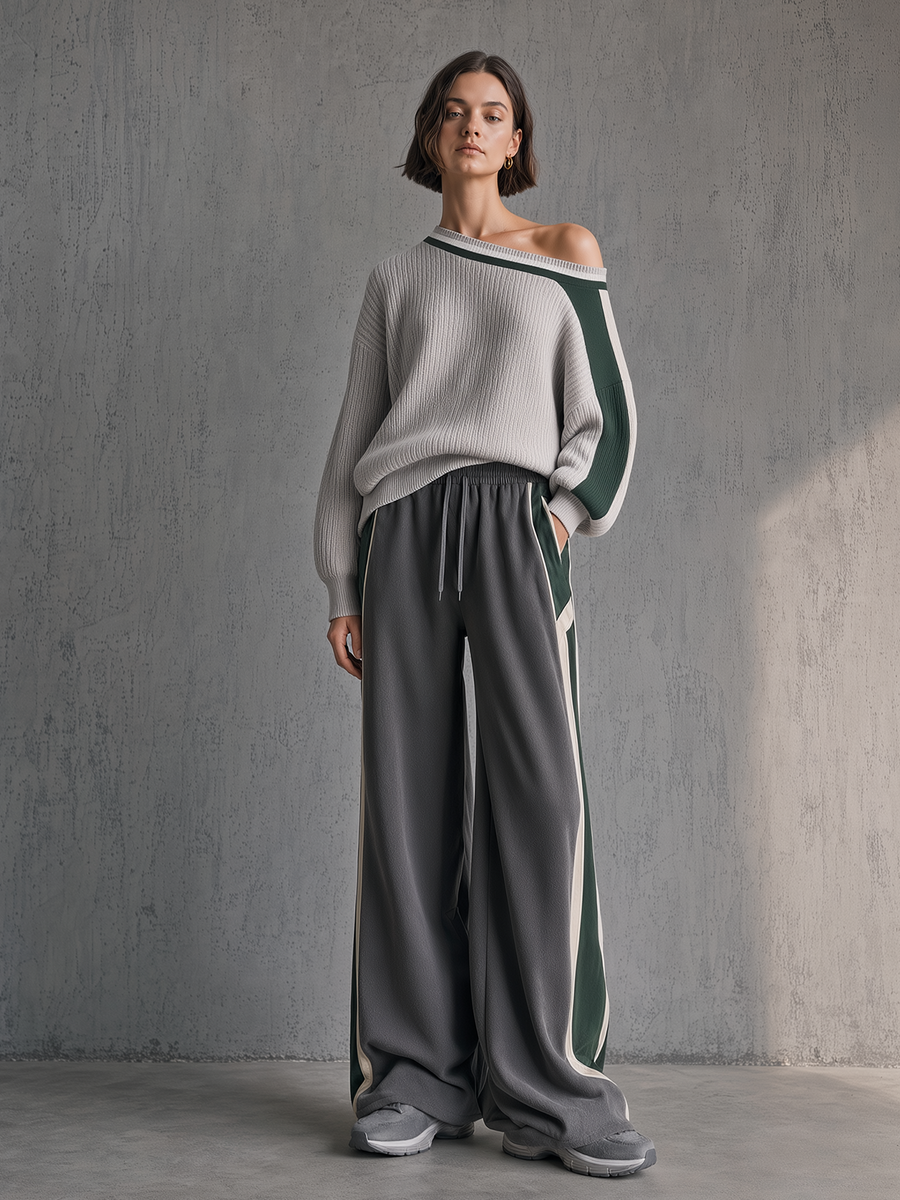 Grey & Green Color Block Off-Shoulder Sweater & Wide-Leg Track Pants Set