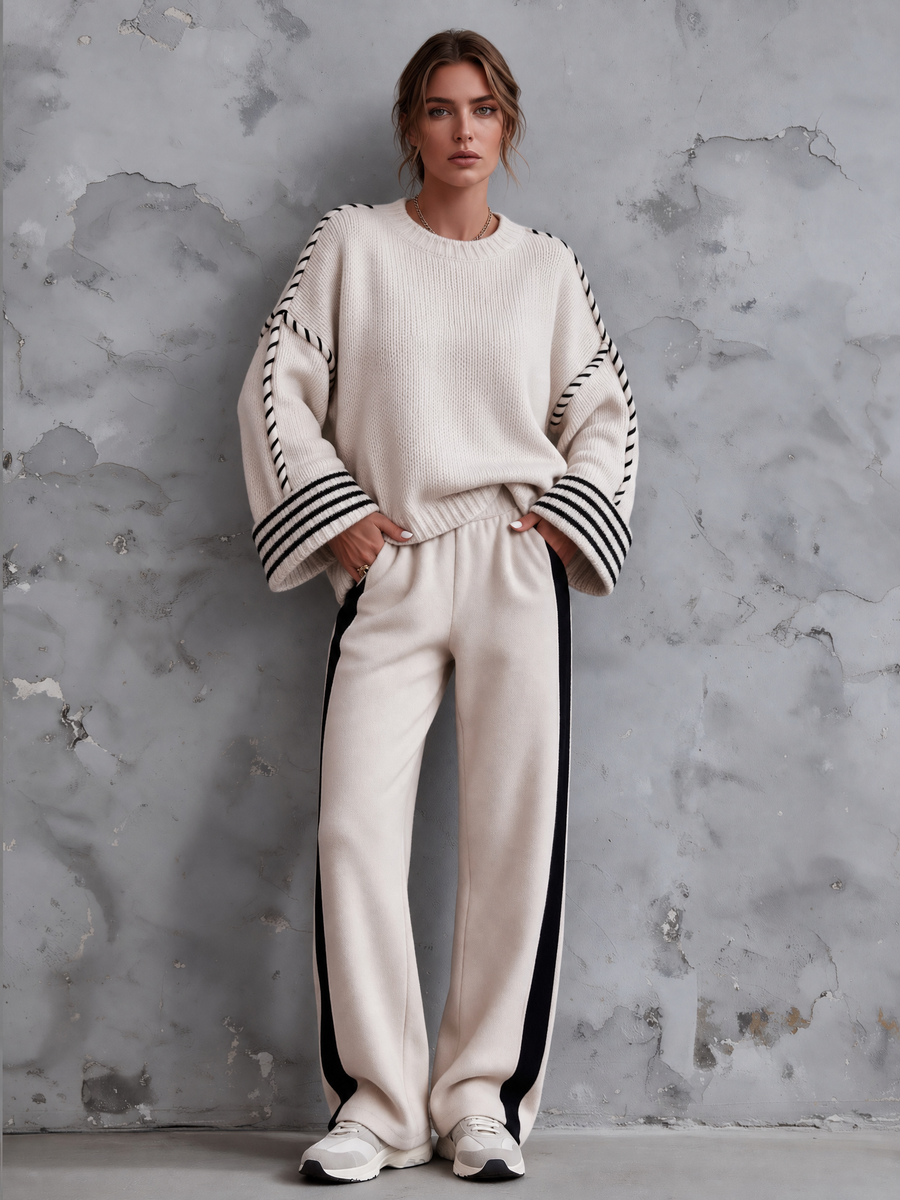 Cream Whipstitch Chunky Sweater & Black Side Stripe Wide-Leg Pants Set