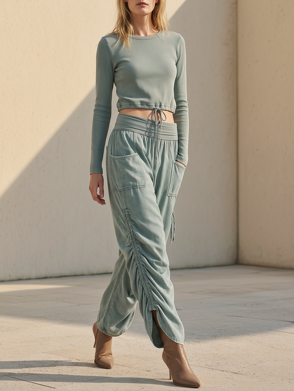 Ribbed Long Sleeve Crop Top & Ruched Cargo Pants Set