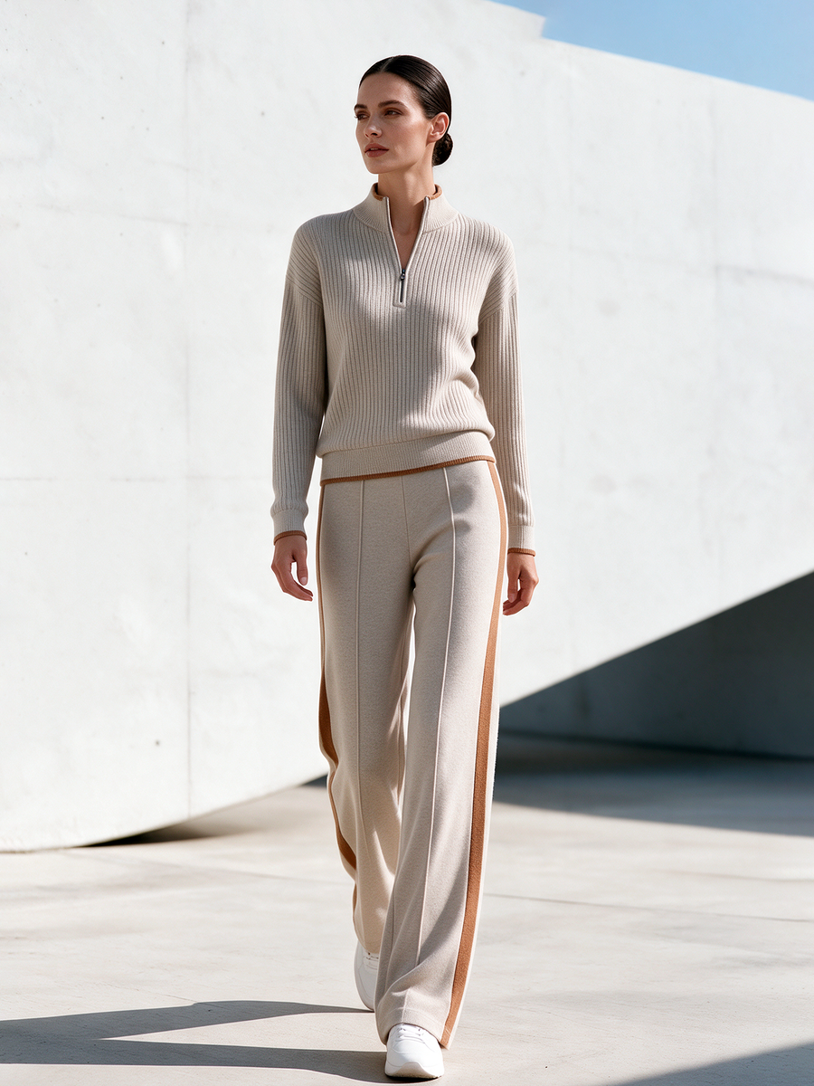 Beige Half-zip Sweater And Knitted Wide-leg Pants Set