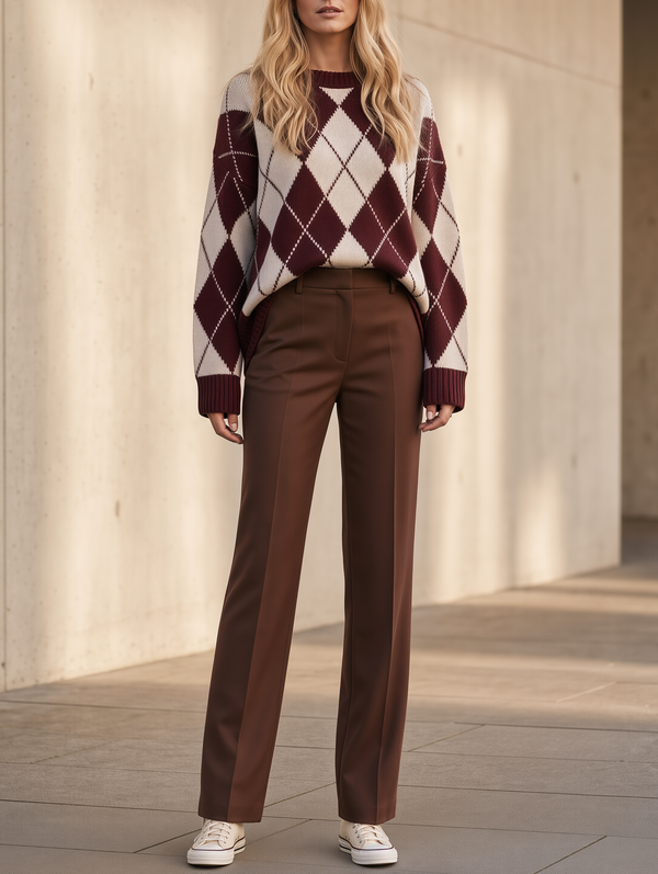 Burgundy Argyle Loose Sweater And Suit Trousers Set