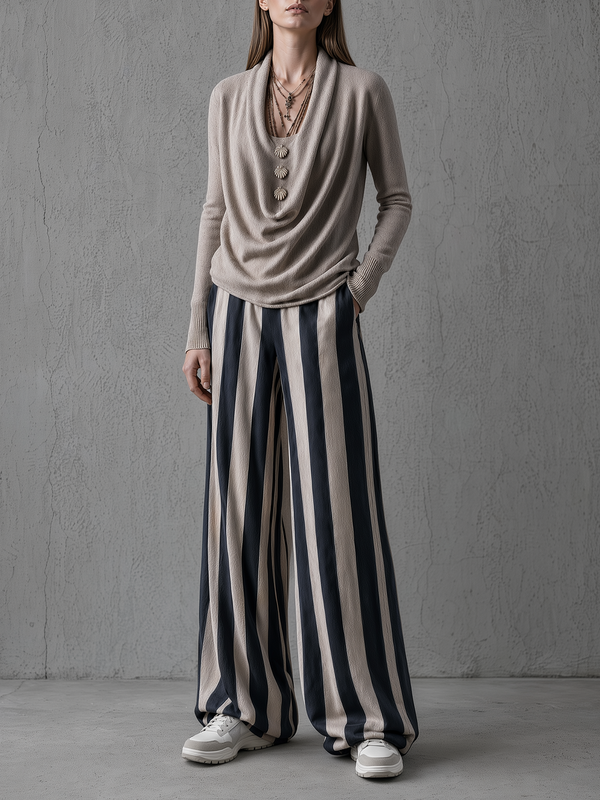Beige Cowl Neck Knit Top & Navy Stripe Wide-Leg Pants Set
