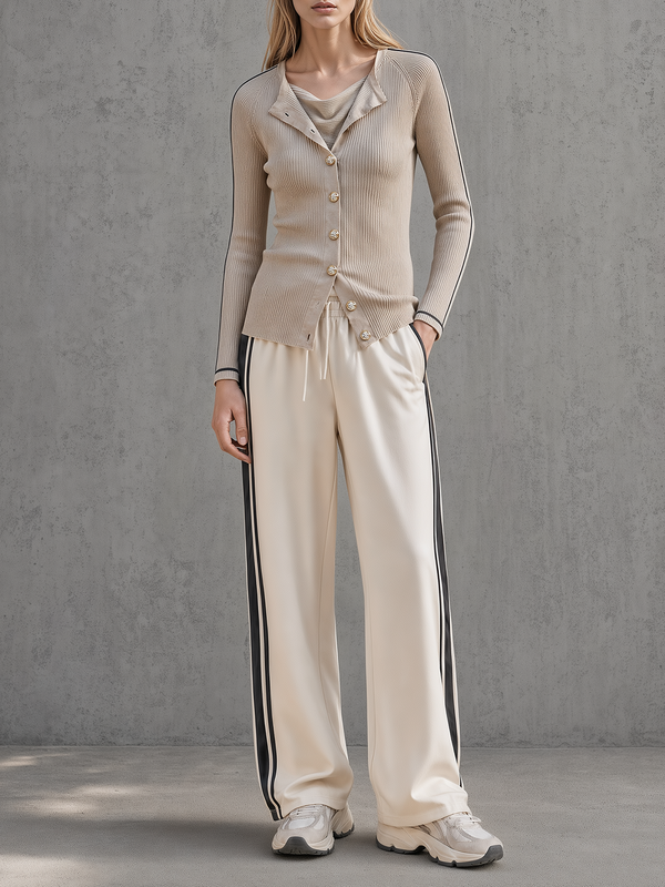 Beige Ribbed Contrast-Trim Cardigan & Ivory Side Stripe Pants Set